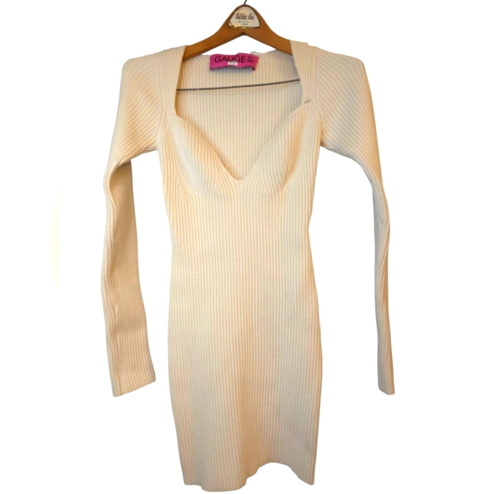 Gauge81 Mija White Ribbed Long Sleeve Wool Plunge Sweetheart Mini Dress Size XS
